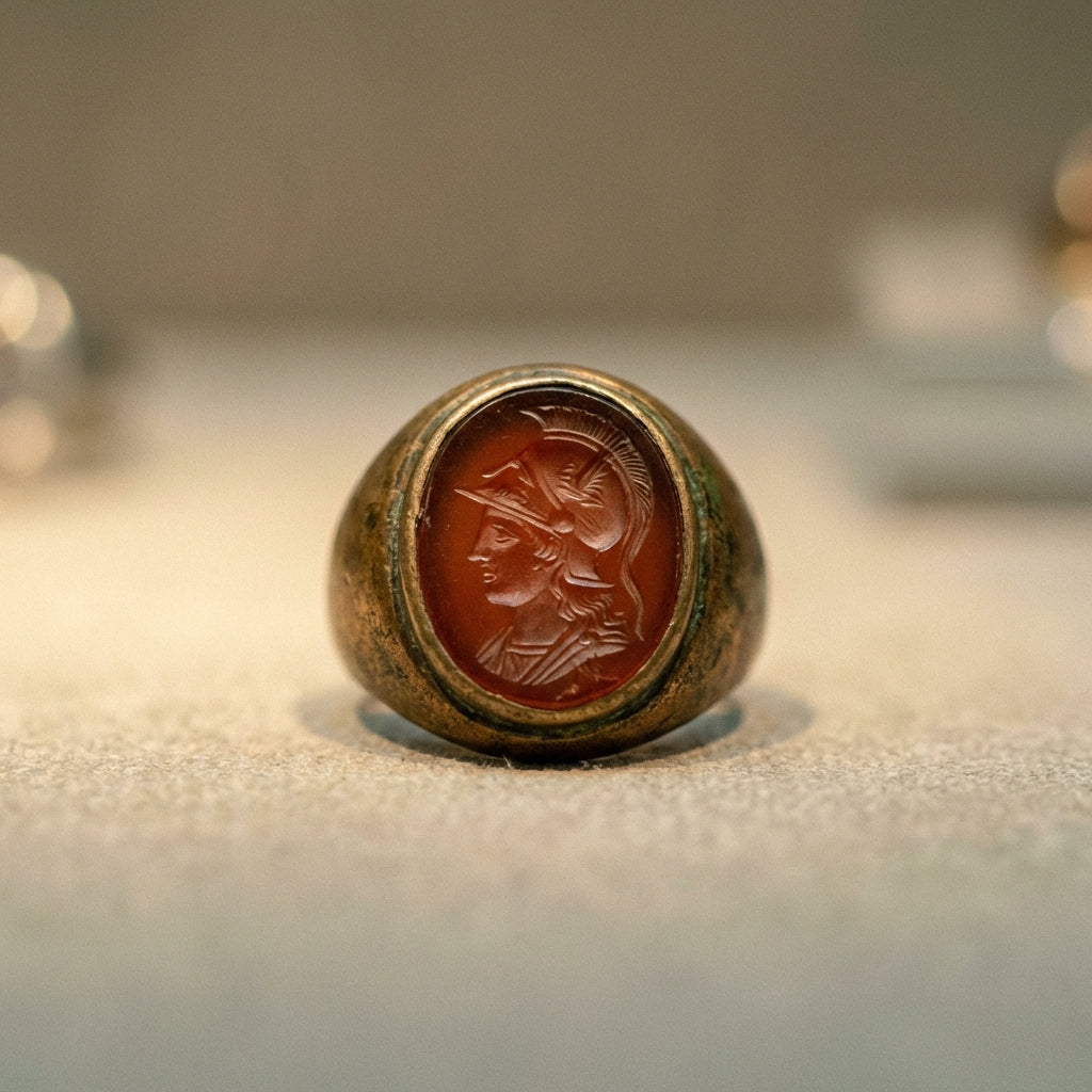Close up of an ancient intaglio ring with carved gemstone and aged metal band in warm museum lighting minimalist background in Aurora Antiqua palette romanjewelry