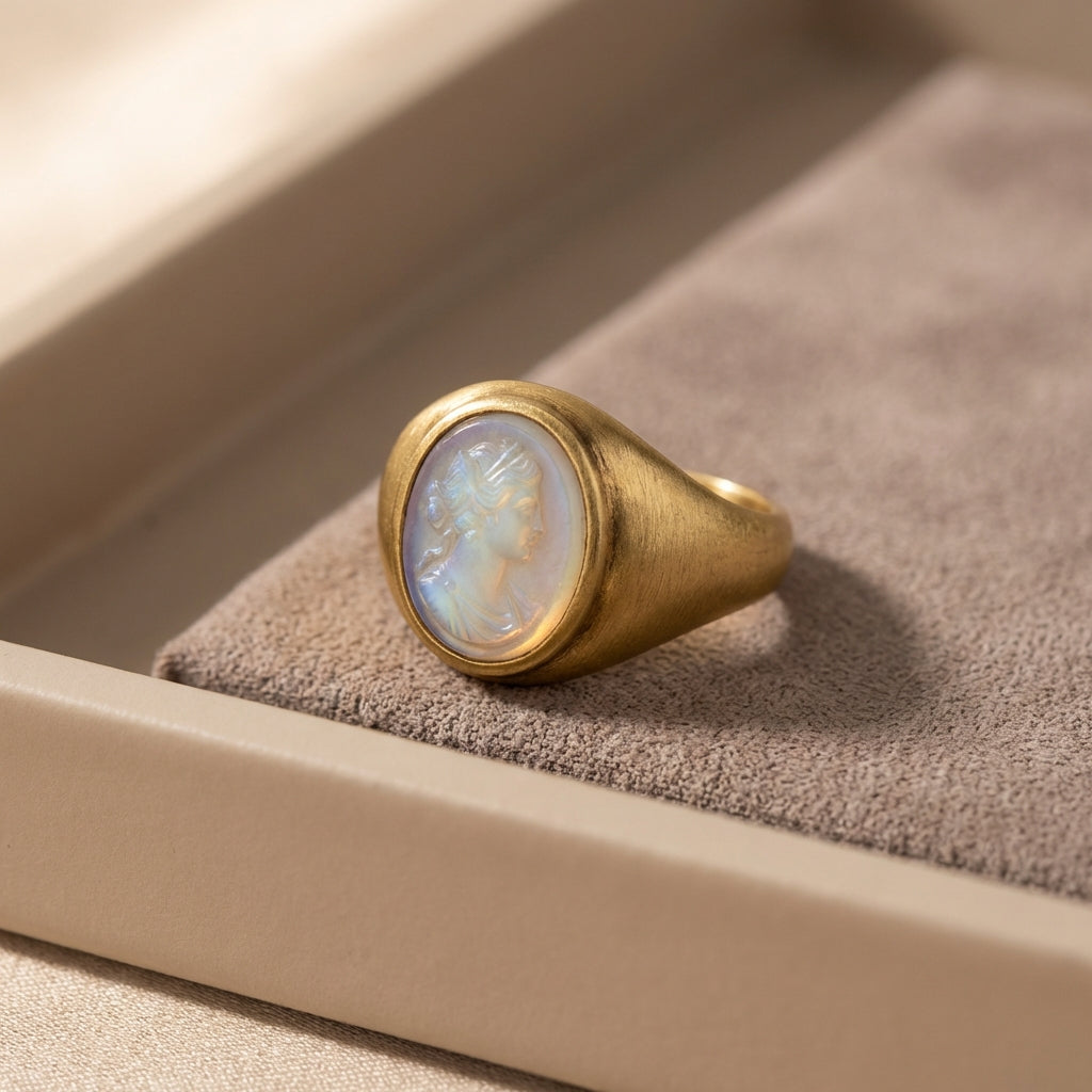 Close up macro of a Roman intaglio ring in a neutral padded tray with soft directional light revealing texture and iridescence romanjewelry