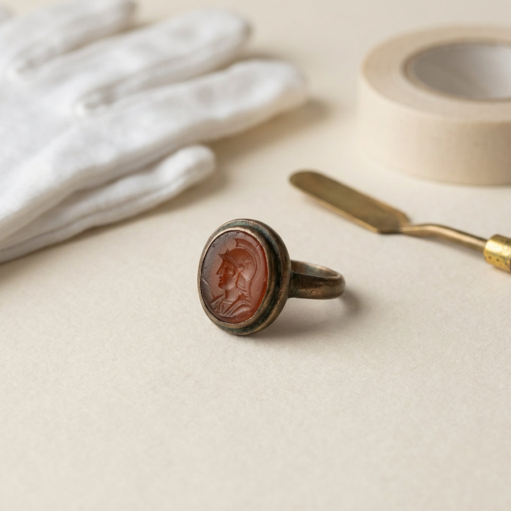 Macro close up of a worn Roman intaglio ring on archival paper with conservation tools soft natural light romanjewelry