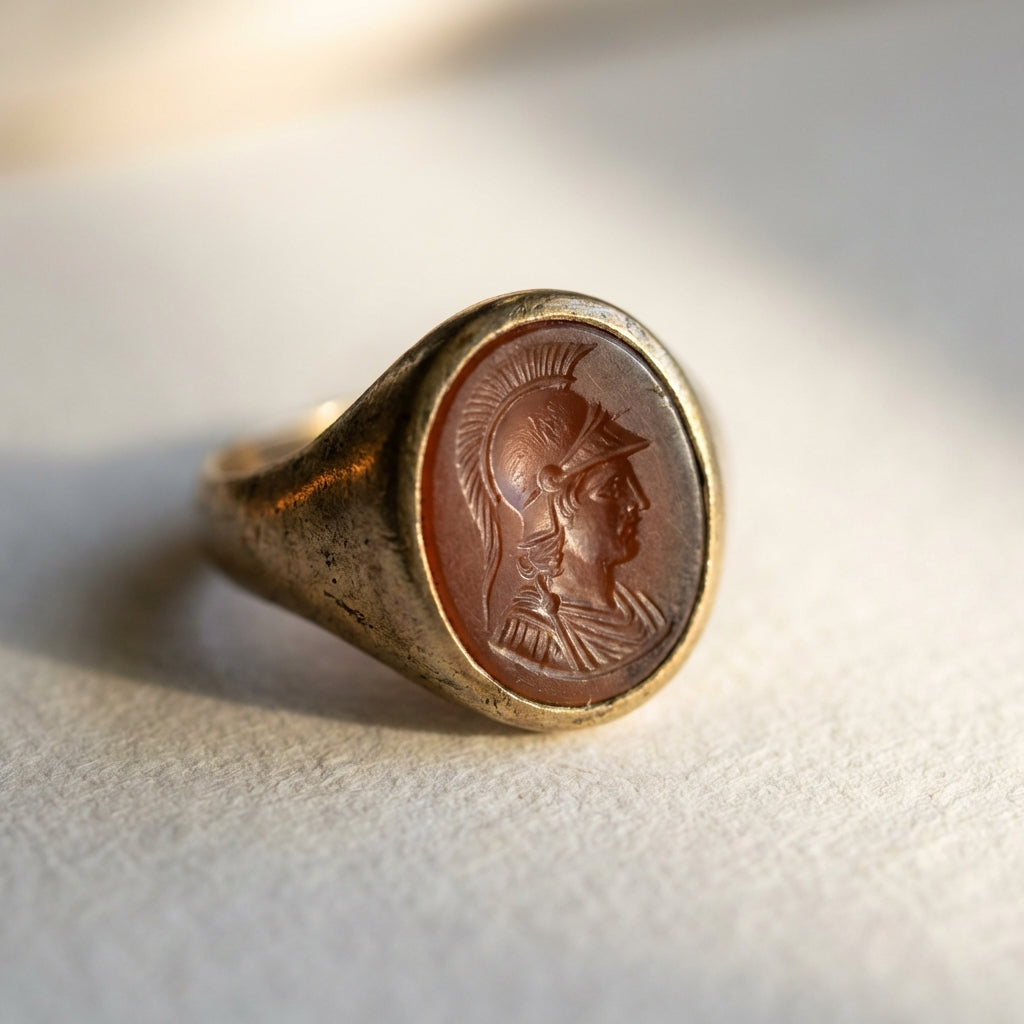 Close up of worn Roman intaglio ring on archival paper showing carved detail and warm patina, minimalist Aurora Antiqua aesthetic romanjewelry