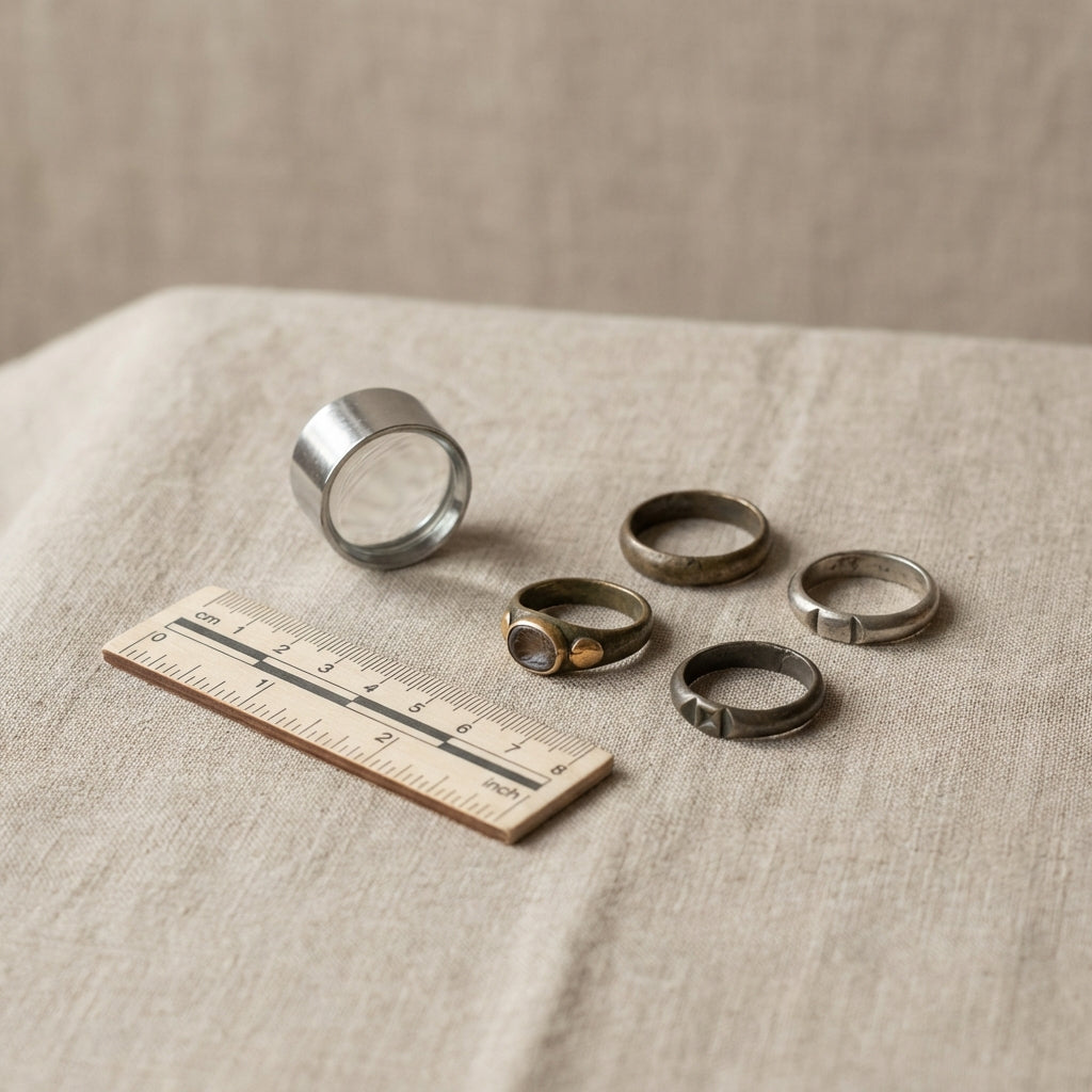 Minimalist still life of Roman rings on linen with conservator measuring scale and magnifying loupe in soft daylight Romans wear rings