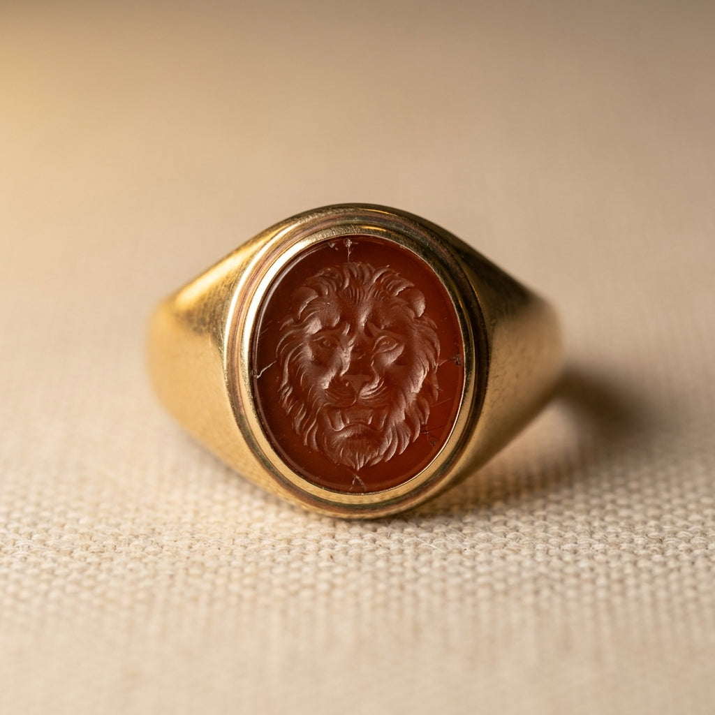 Close up of an ancient signet ring with carnelian intaglio in a gold bezel on a warm neutral background signet ring ancient