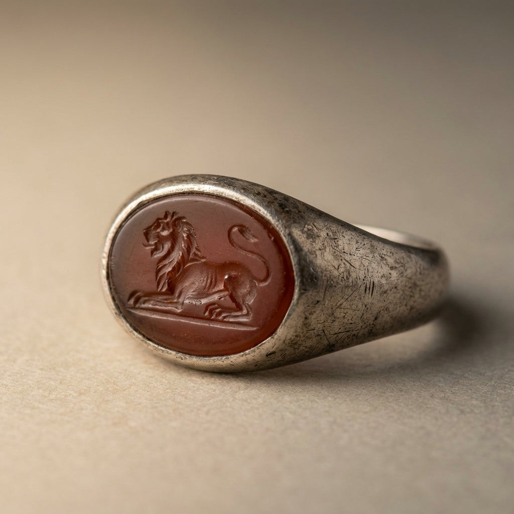 Close up of worn Roman signet ring ancient intaglio in a tarnished silver hoop showing carved animal motif fine scratches and warm patina on neutral #ede7da background