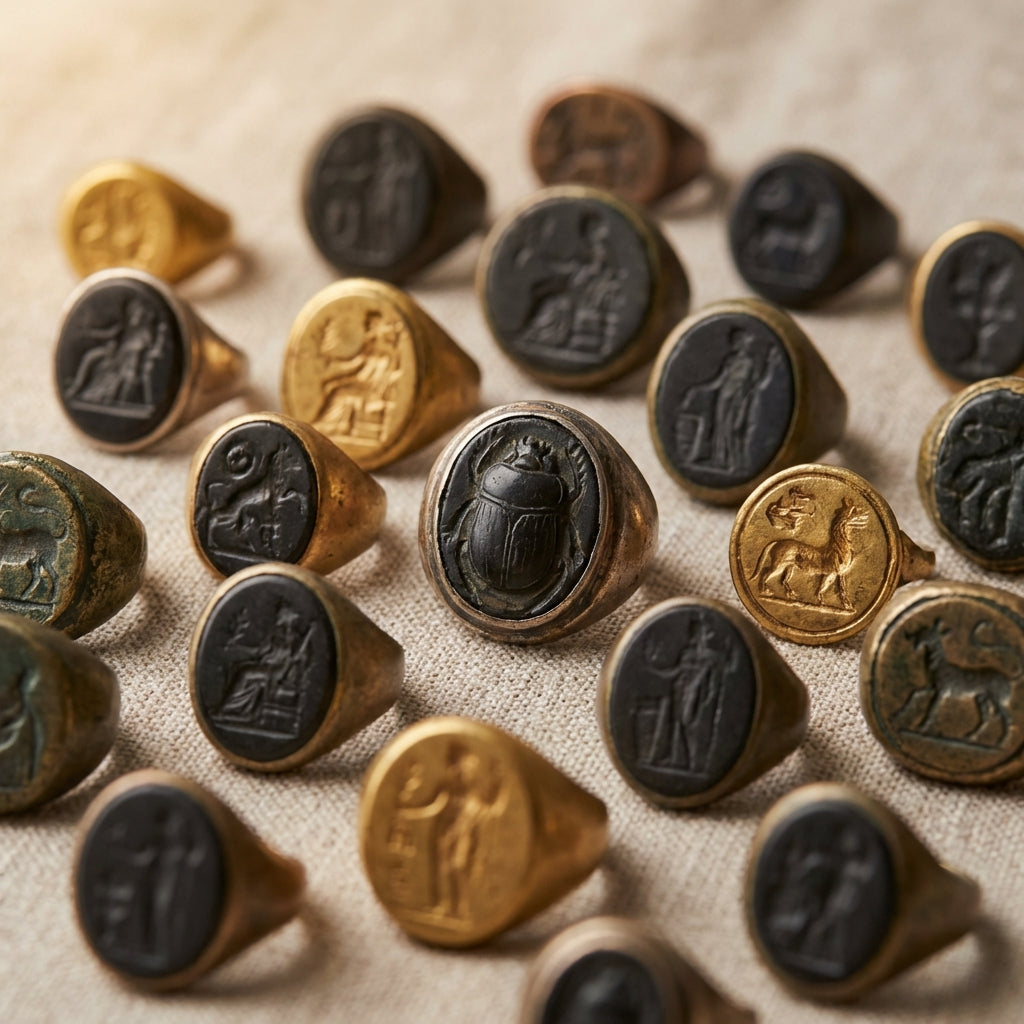 Close up of ancient signet ring faces with carved intaglios scarab and metal bezels on neutral fabric background signet ring ancient