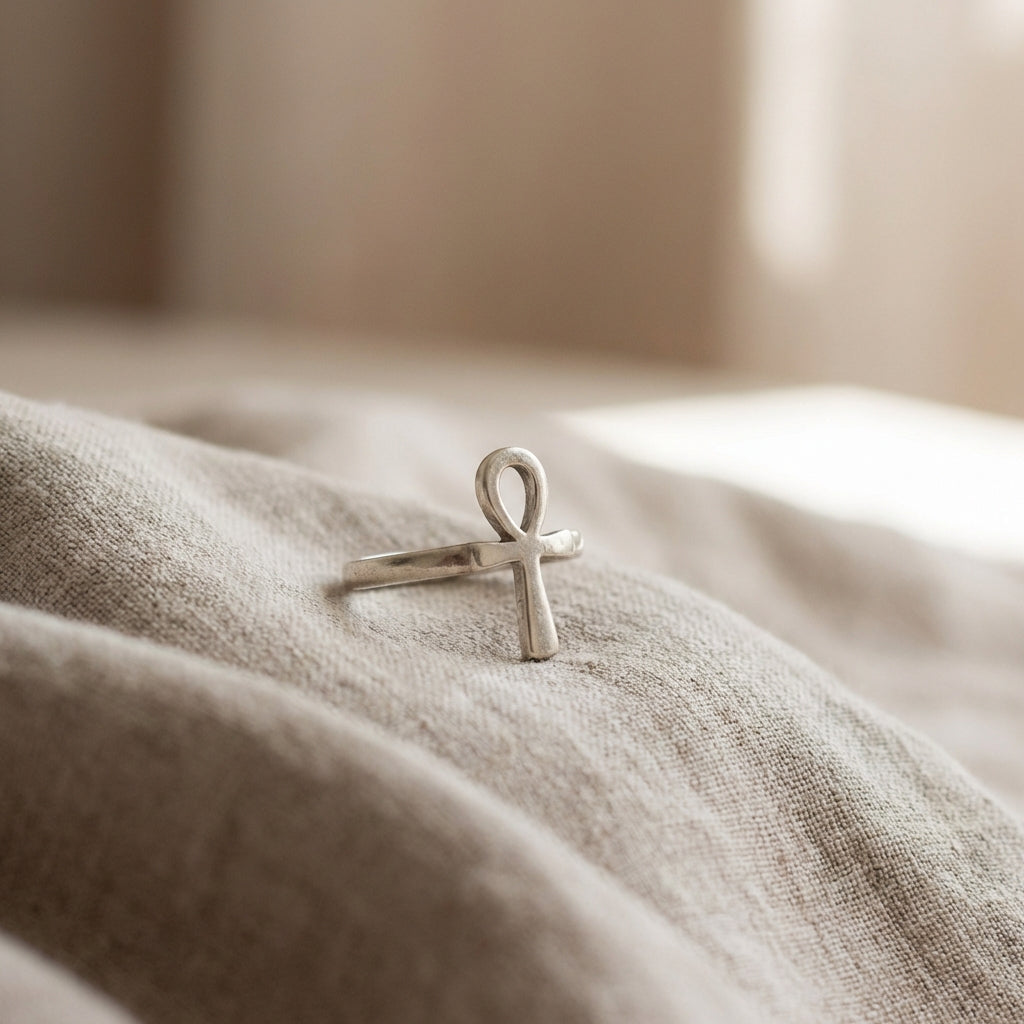 Close crop of a gently worn silver ankh ring on natural linen cloth bathed in soft natural light minimalist Aurora Antiqua palette
