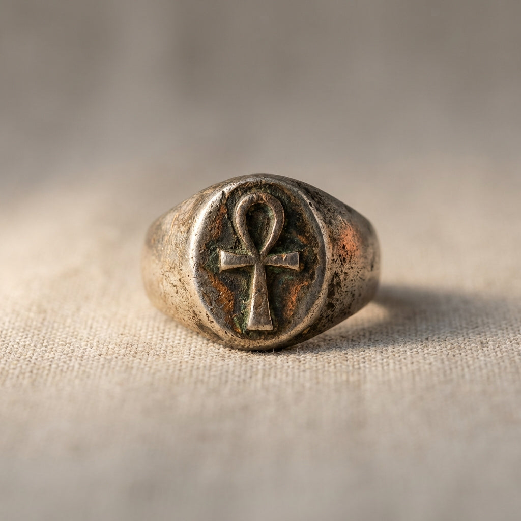 Close up of a patinated silver ankh ring on neutral linen with soft directional light revealing texture patina and wear