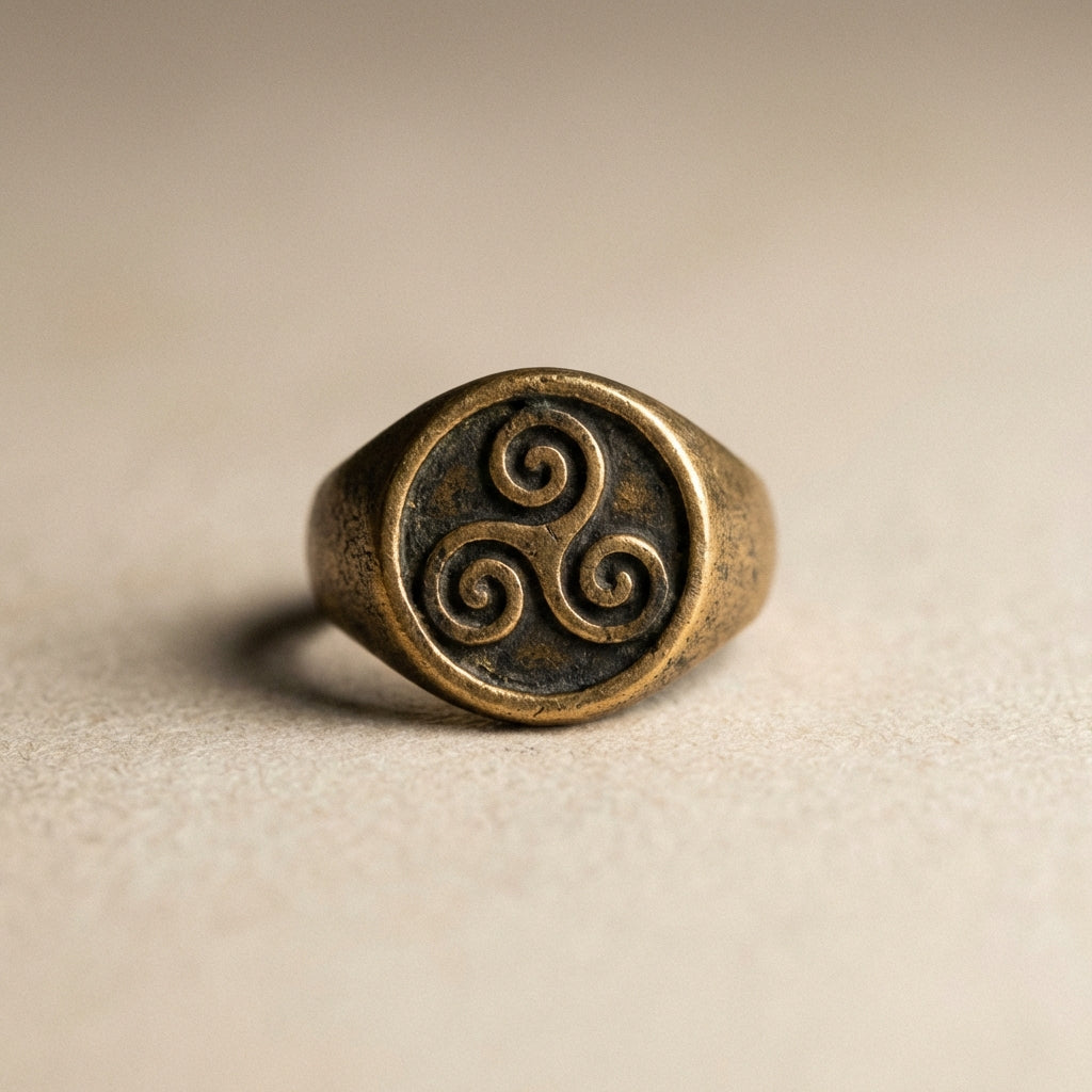Close macro photograph of an ancient bronze ring bezel with a faint triskelion spiral motif on a neutral textile background under soft museum lighting triskelion ring meaning