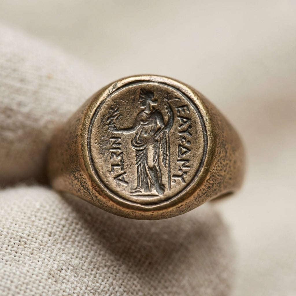 Close cropped photograph of a vintage egyptian ring bezel showing patina and carved intaglio detail on a neutral linen background
