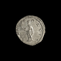 Reverse of Roman silver denarius of Septimius Severus, showing Septimius Severus, legend FVNDATOR PACIS.