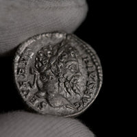 Macro detail of Roman silver denarius of Septimius Severus, portrait close-up.