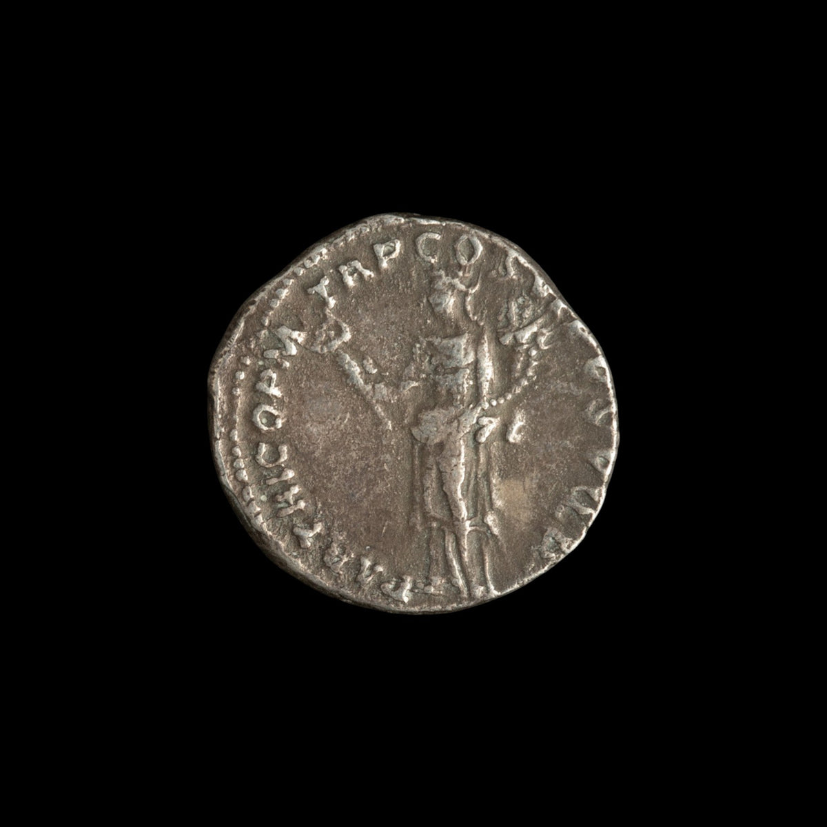 Reverse of Roman silver denarius of Trajan, showing Felicitas standing facing, legend PARTHICO P M TR P COS VI P P S P Q R.