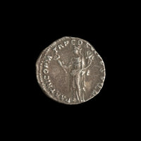 Reverse of Roman silver denarius of Trajan, showing Felicitas standing facing, legend PARTHICO P M TR P COS VI P P S P Q R.