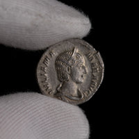 Macro detail of Roman silver denarius of Julia Mamaea, portrait close-up.