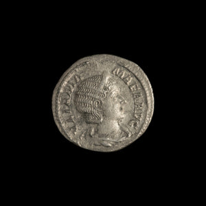 Obverse of Roman silver denarius of Julia Mamaea, legend IVLIA MAMAEA AVG, radiate or laureate bust right.