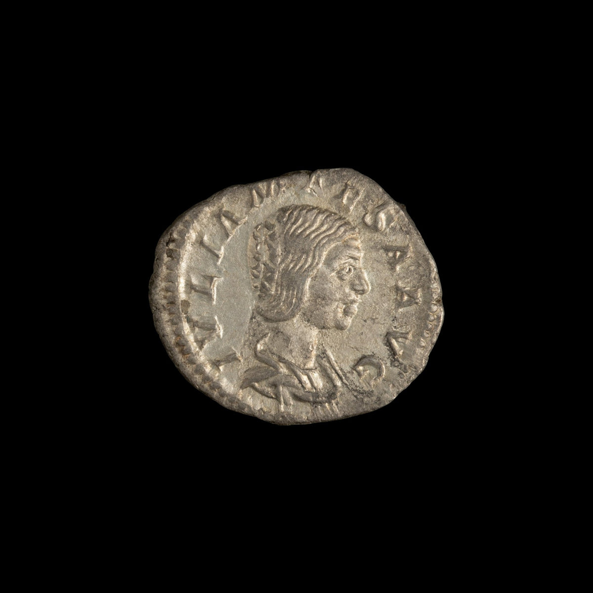Obverse of Roman silver denarius of Julia Mamaea, legend IVLIA MAMAEA AVG, radiate or laureate bust right.