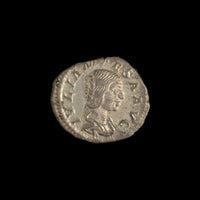 Obverse of Roman silver denarius of Julia Mamaea, legend IVLIA MAMAEA AVG, radiate or laureate bust right.