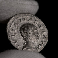 Macro detail of Roman silver denarius of Julia Mamaea, portrait close-up.