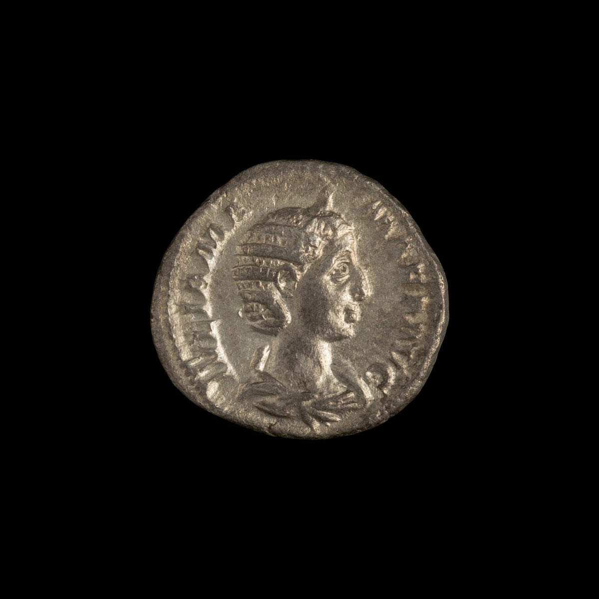 Obverse of Roman silver denarius of Julia Mamaea, legend IVLIA MAMAEA AVG, radiate or laureate bust right.