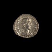 Obverse of Roman silver denarius of Julia Mamaea, legend IVLIA MAMAEA AVG, radiate or laureate bust right.