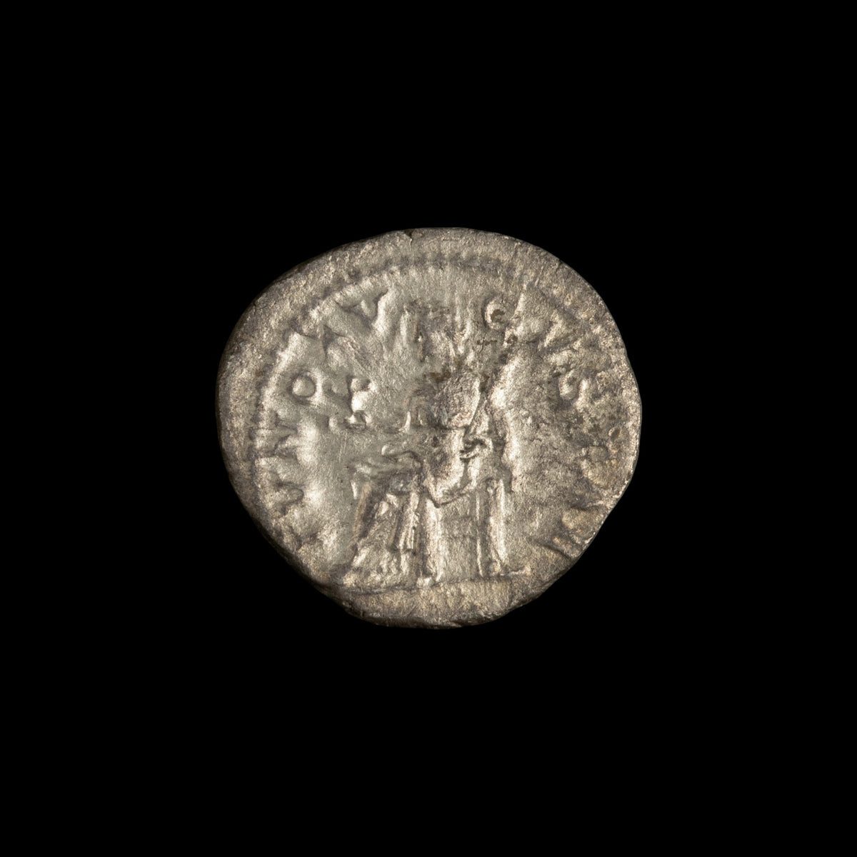 Reverse of Roman silver denarius of Julia Mamaea, showing Juno, legend IVNO AVGVSTAE.