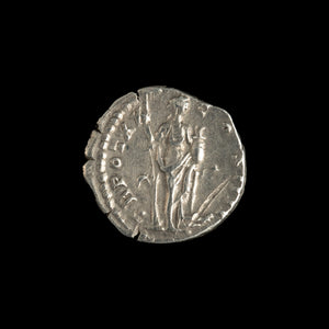 Reverse of Roman silver denarius of Antoninus Pius, showing Annona, legend TR POT XX COS IIII.