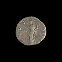 Reverse of Roman silver denarius of Antoninus Pius, showing Pax(or Felicitas), legend COS IIII.