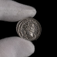Macro detail of Roman silver antoninianus of Probus, portrait close-up.