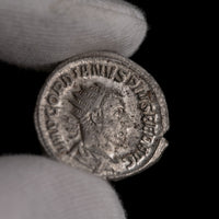 Macro detail of Roman silver antoninianus of Gordian III, portrait close-up.