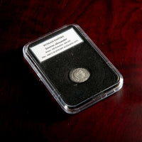 Roman silver denarius of Severus Alexander in protective slab with catalog label.