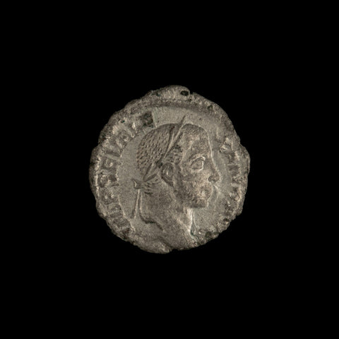 Obverse of Roman silver denarius of Severus Alexander, legend IMP SEV ALEXAND AVG, radiate or laureate bust right.