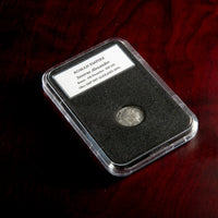 Roman silver denarius of Severus Alexander in protective slab with catalog label.