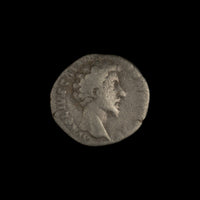 Obverse of Roman silver denarius of Marcus Aurelius (Caesar), legend AVRELIVS CAES ANTON AVG PII F, radiate or laureate bust right.