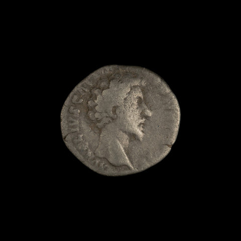 Obverse of Roman silver denarius of Marcus Aurelius (Caesar), legend AVRELIVS CAES ANTON AVG PII F, radiate or laureate bust right.