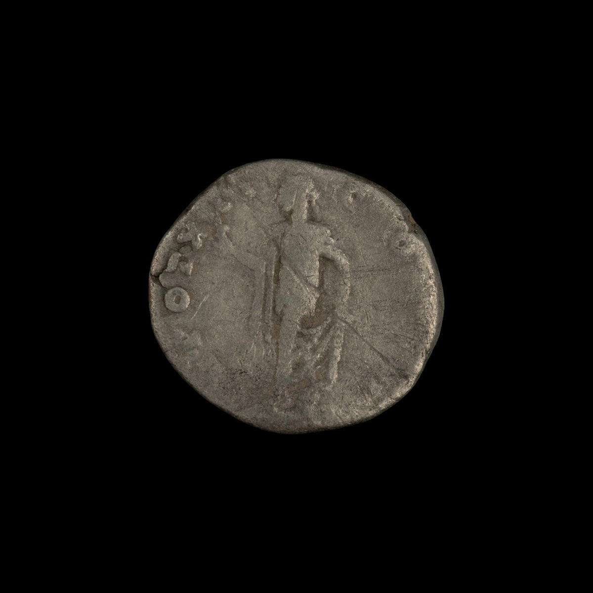 Reverse of Roman silver denarius of Marcus Aurelius (Caesar), showing Spes advancing left, legend TR POT XII COS II.