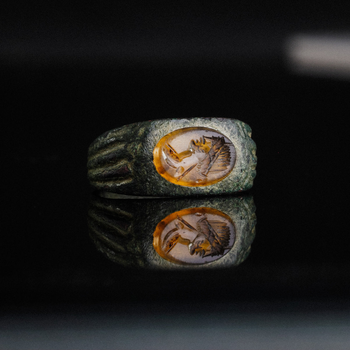 Roman Bronze Ring with Carnelian Intaglio Bust – 'Faustina' (2nd–3rd century AD) — detail view