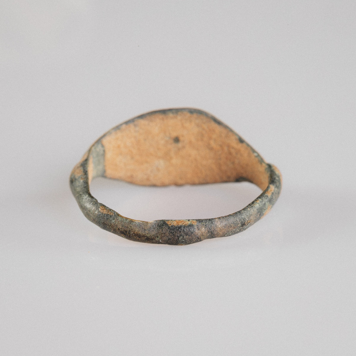 Medieval bronze ring Aldren, underside view of navette bezel and interior of hoop