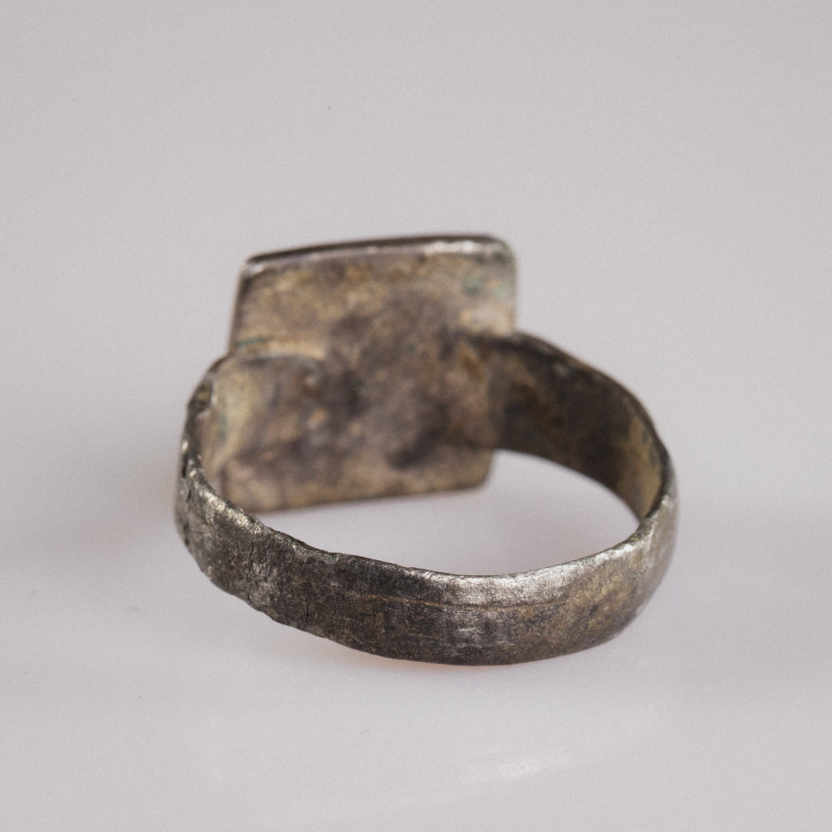 Interior view of Byzantine silver ring Theofanis showing hand-forged hoop and verdigris traces