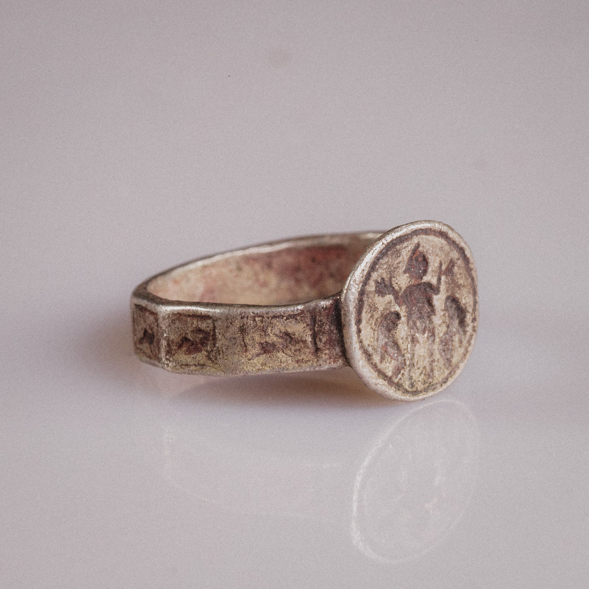 Three-quarter view of ring Danielos showing animal-frieze panels along the silver hoop