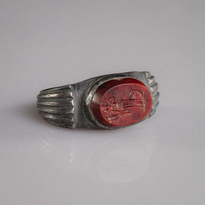 Roman silver ring Fortunata showing engraved Fortuna with cornucopia and wheel of fortune on jasper