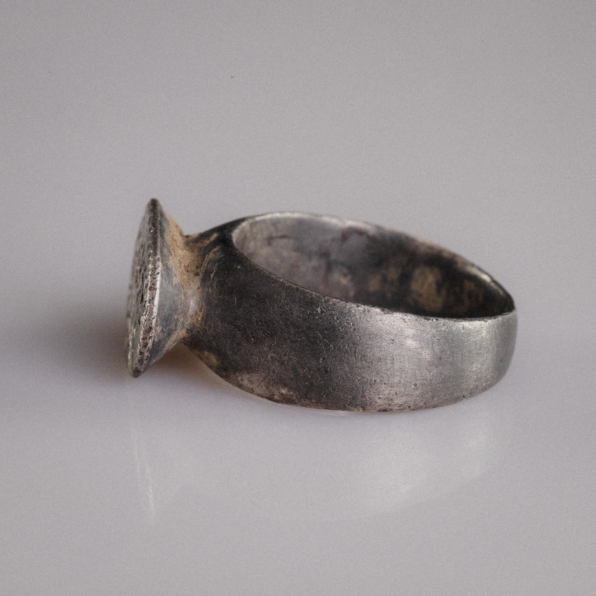 Byzantine silver ring Anna top view of broad flat band and trumpet shoulders
