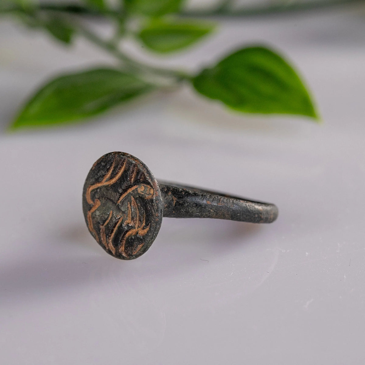 “Leo Fortis” – Roman Bronze Ring with Lion Intaglio (1st–3rd Century AD) – EU 57 / US 8 Aurora Antiqua