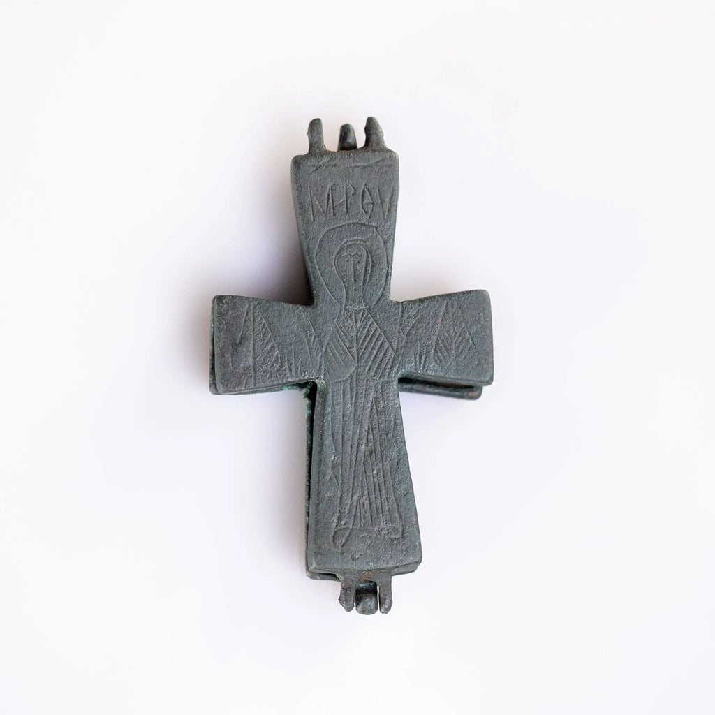 “Theotokos Orans” – Byzantine Bronze Reliquary Cross (Enkolpion) Depicting the Virgin Mary (11th–13th C. CE) AD Aurora Antiqua