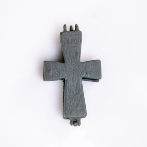 “Theotokos Orans” – Byzantine Bronze Reliquary Cross (Enkolpion) Depicting the Virgin Mary (11th–13th C. CE) AD Aurora Antiqua