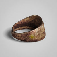 Angled back view of Roman silver ring 'Leontia' showing tapered hoop and patina