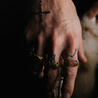Aurora — Leo et Cervus carnelian intaglio ring worn on hand, lifestyle shot