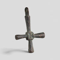 Byzantine bronze cross pendant Chariton, alternate front view revealing incised chi-mark on hub