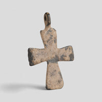 Byzantine bronze cross pendant Phanourios, angled reverse showing tenorite and cuprite corrosion