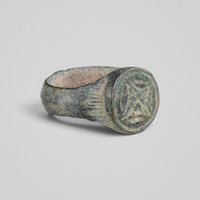 Byzantine bronze ring Kalothea, side view with hatched shoulder incisions and green patina