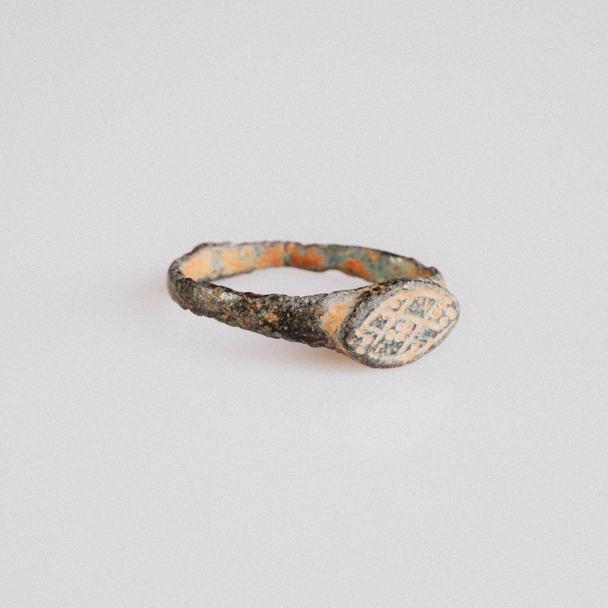 Byzantine bronze ring 'Theodora' angled view showing oval bezel and shoulder profile