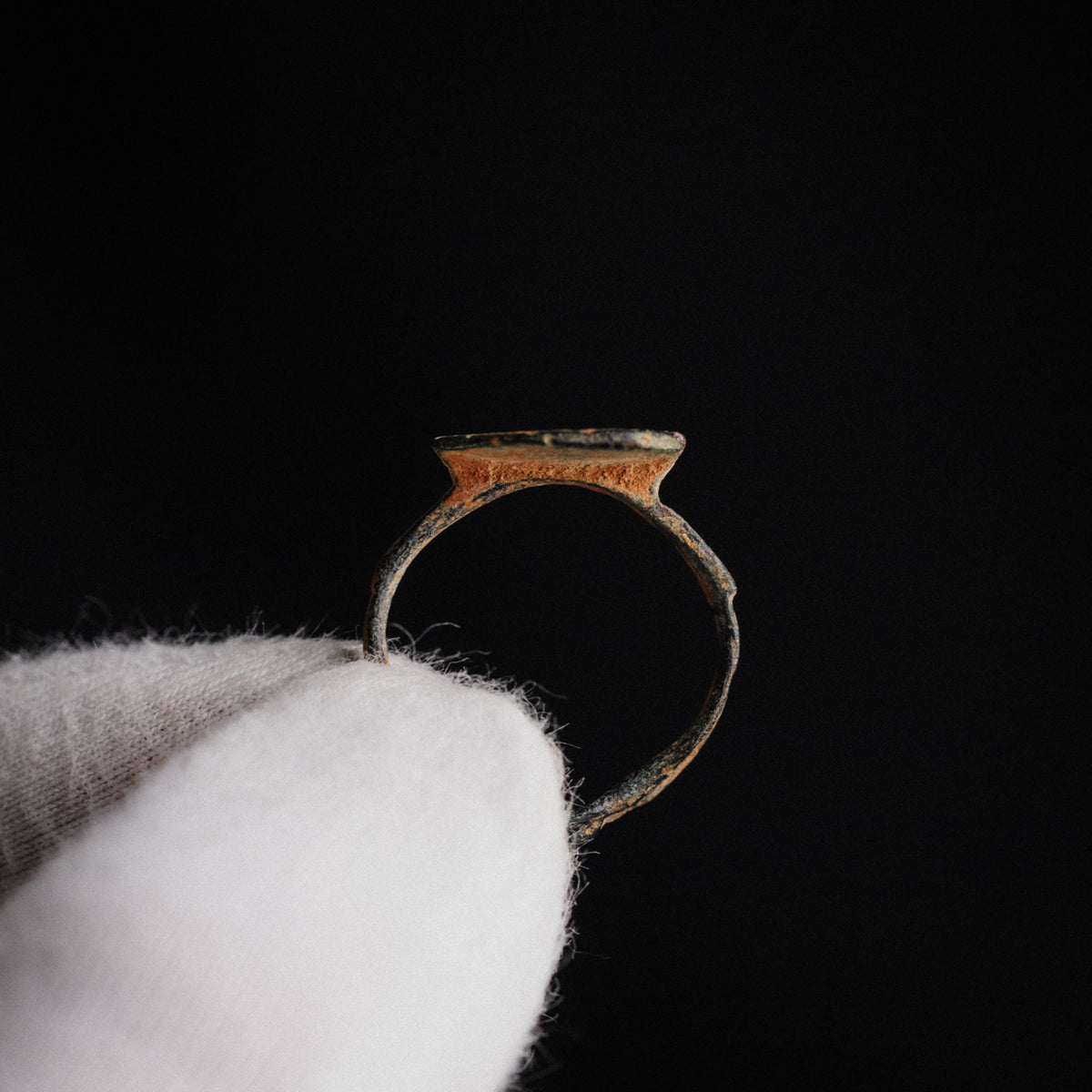 Byzantine bronze ring Theoktistos profile in hand showing shoulders and hoop mount